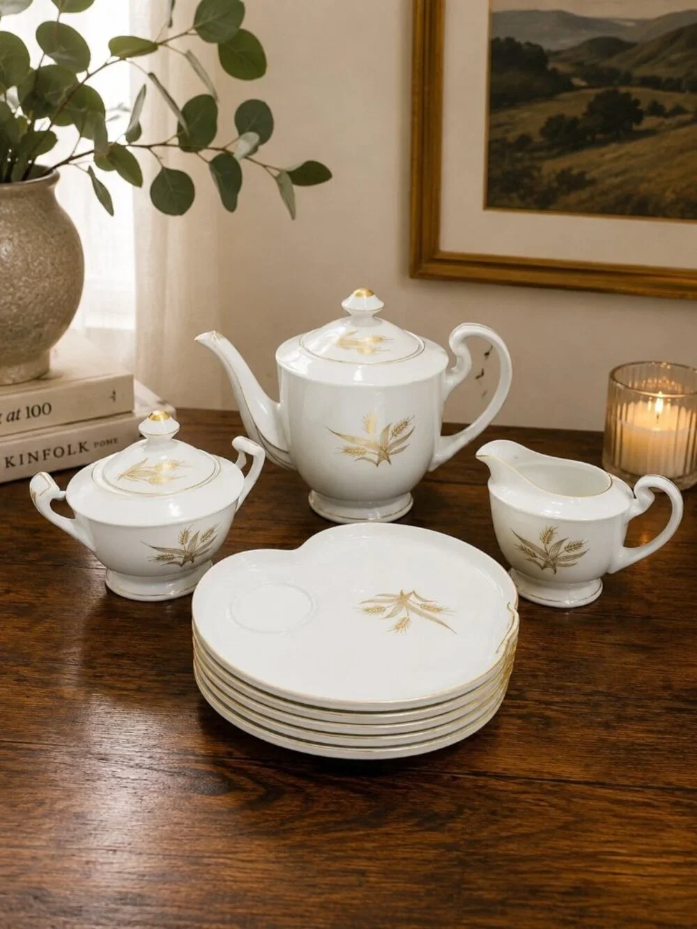 VTG Hakusan China Japan Tea Set Teapot 6 Snack Plates Gold Wheat Bone China 9675